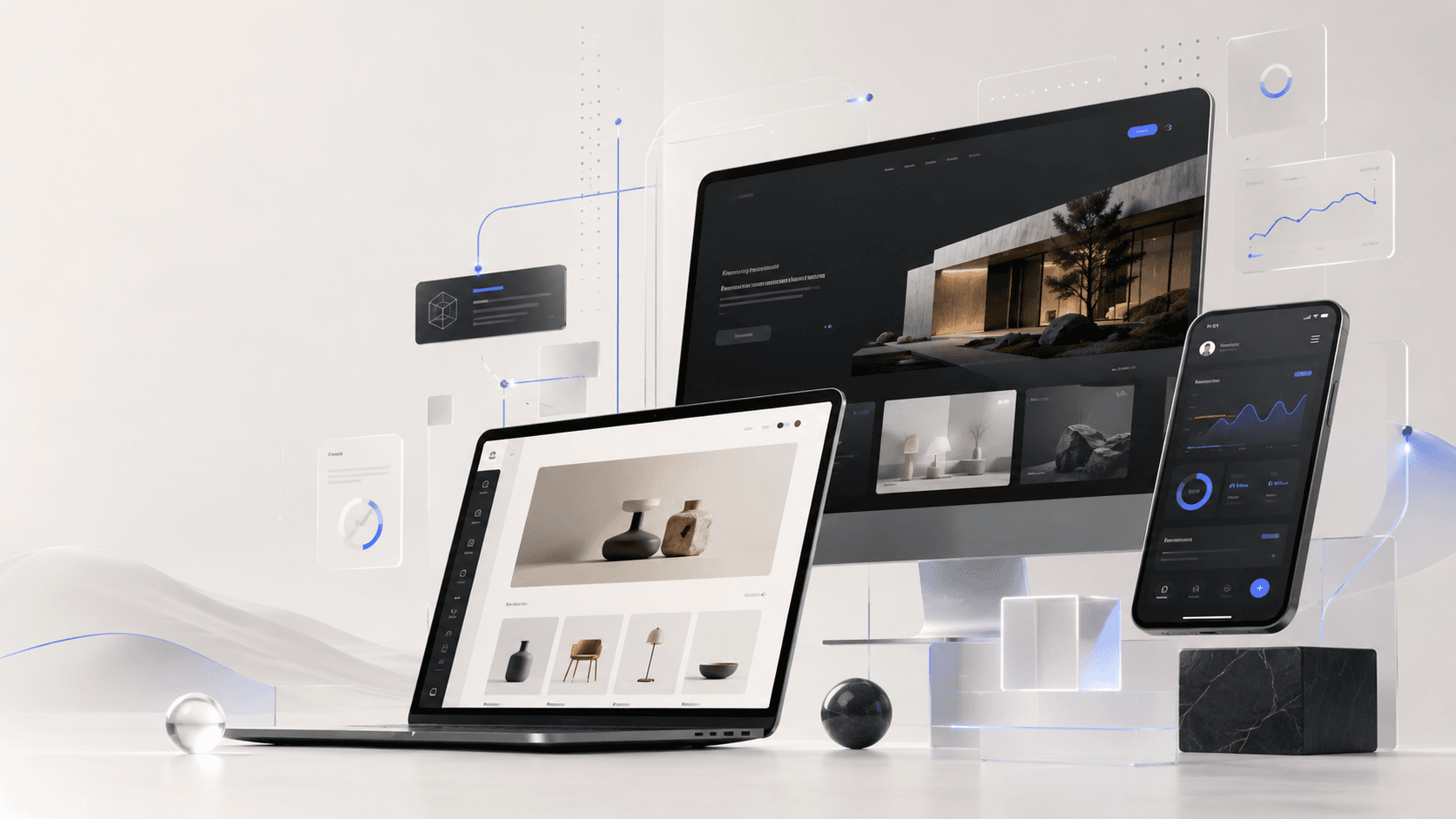 Laptop, monitor and phone displaying custom website and app interfaces built by DMS Apps
